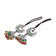Natural Green Aventurine Moon with Mixed Gemstone Chips Tassel Pendant Decorations, with Rack Plating Red Copper Plated Brass Findings, Cadmium Free & Lead Free, 205~208mm(G-L524-07R-A06)