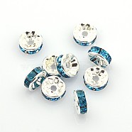 Brass Grade A Rhinestone Spacer Beads, Silver Color Plated, Nickel Free, Aquamarine, 8x3.8mm, Hole: 1.5mm(RSB038NF-13)