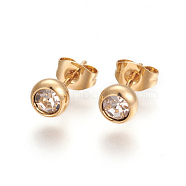 304 Stainless Steel Ear Studs, with Rhinestone, Flat Round, Crystal, Golden, 15mm, Pin: 0.6mm(STAS-I113-03G)