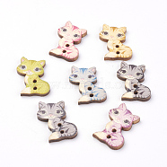2-Hole Printed Wooden Buttons, Cat, Mixed Color, 27x17x2mm, Hole: 1.5mm(X-WOOD-S037-030)