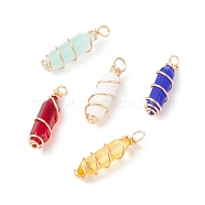 Transparent Glass Pendants, with Golden Tone Copper Wire Wrapped, Bullet, Mixed Color, 26x8x8mm, Hole: 2.5mm(PALLOY-JF01806)
