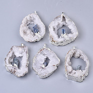 Natural Druzy Agate Big Pendants, Edge Platinum Plated, with Natural Kyanite/Cyanite/Disthene and Iron Snap on Bails, Nuggets, 37~71x29~55x9~15mm, Hole: 4x6mm(G-R458-05D)