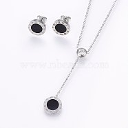 304 Stainless Steel Jewelry Sets, Stud Earrings and Pendant Necklaces, with Rhinestone and Enamel, Flat Round, Stainless Steel Color, 16.54 inch(42cm), 11x2mm, Pin: 0.8mm(SJEW-H137-22P)