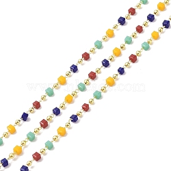 Brass & Glass Link Chain, with Spool, Long-Lasting Plated, Cadmium Free & Lead Free, Soldered, Real 18K Gold Plated, Mixed Color, 2.5x2.5x2.5mm(CHC-A009-04G-03)
