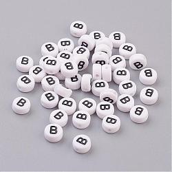 Flat Round with Letter B Acrylic Beads, with Horizontal Hole, White & Black, Size: about 7mm in diameter, 4mm thick, hole: 1mm(X-PL37C9070-B)