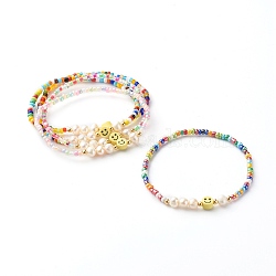 Glass Beads Stretch Bracelets, with Natural Pearl Beads & Polymer Clay Beads, Smile, Mixed Color, Inner Diameter: 2-1/8 inch(5.5cm)(X-BJEW-JB06414)