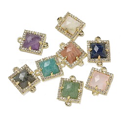 Natural Mixed Gemstone Faceted Square Links, Rack Plating Brass Micro Pave Clear Cubic Zirconia Connector Charms, Golden, 16x11.5x4.5mm, Hole: 1.4mm(G-I375-03G)