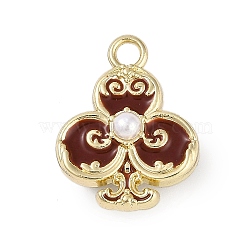 Rack Plating Alloy Enamel Pendants, with ABS Imitation Pearl Beads, Cadmium Free & Nickel Free & Lead Free, Clubs Charm, Golden, Brown, 21.5x17x9.5mm, Hole: 2.6mm(PALLOY-P309-05G-04)