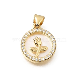 Brass Micro Pave Clear Cubic Zirconia Pendants, with Shell, Flat Round with Tulip Charms, Real 16K Gold Plated, Floral White, 16x14x3mm, Hole: 4.5x3.5mm(CU-CBAF50C-12G)