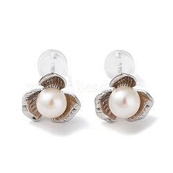 Natural Pearl Stud Earrings for Women, with Sterling Silver Pins, Flower, 9.5x11mm(EJEW-C083-07E-P)