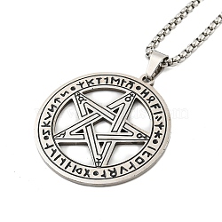 Non-Tarnish 201 Stainless Steel Pendant Necklaces, Box Chain Necklaces, Flat Round with Star, Stainless Steel Color, 24.02 inch(61cm)(NJEW-H030-02P)