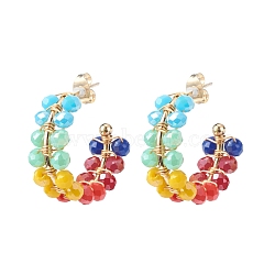 Glass Beaded C-shape Stud Earrings, Gold Plated Brass Wire Wrap Half Hoop Earrings for Women, Colorful, 23x9mm, Pin: 0.7mm(EJEW-TA00133)