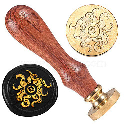 Golden Plated Brass Sealing Wax Stamp Head, with Wood Handle, for Envelopes Invitations, Gift Cards, Octopus, 83x22mm, Head: 7.5mm, Stamps: 25x14.5mm(AJEW-WH0208-956)