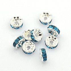 Brass Grade A Rhinestone Spacer Beads, Silver Color Plated, Nickel Free, Aquamarine, 8x3.8mm, Hole: 1.5mm(RSB038NF-13)