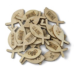 100Pcs Wood Cabochons, Fish with Book/Word/Cross Pattern, Beige, 40.5x17.5x2.5mm, 100pcs/set(WOOD-G020-07)