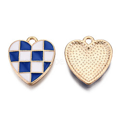 Alloy Enamel Pendants, Cadmium Free & Lead Free, Light Gold, Heart, Checkered Charms, Blue, 17.5x15.5x1.5mm, Hole: 1.8mm(ENAM-S121-176F-RS)