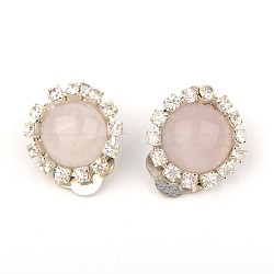 Trendy Brass Gemstone Clip-on Earrings, with Brass Rhinestone and Brass Cilp-on Earring Components, Platinum, Rose Quartz, 19x14mm(EJEW-JE01240-01)