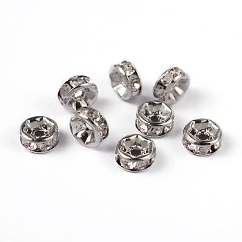 Brass Rhinestone Spacer Beads, Grade AAA, Straight Flange, Nickel Free, Platinum Metal Color, Rondelle, Crystal, 6x3mm, Hole: 1mm