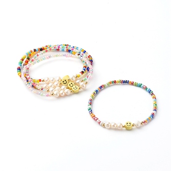 Glass Beads Stretch Bracelets, with Natural Pearl Beads & Polymer Clay Beads, Smile, Mixed Color, Inner Diameter: 2-1/8 inch(5.5cm)