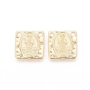 Brass Charms, Long-Lasting Plated, Square with Saint, Hammered, Real 18K Gold Plated, 16x16x2mm, Hole: 1.8mm