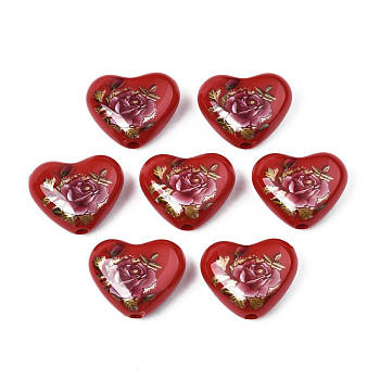 Flower Printed Opaque Acrylic Heart Beads, FireBrick, 16x19x8mm, Hole: 2mm