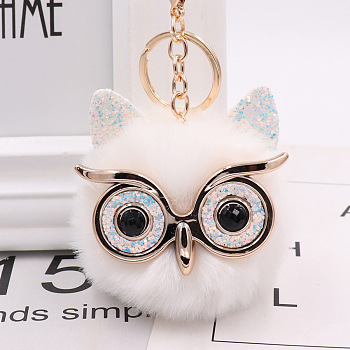 Pom Pom Ball Keychain, with KC Gold Tone Plated Alloy Lobster Claw Clasps, Iron Key Ring and Chain, Owl, White, 12cm