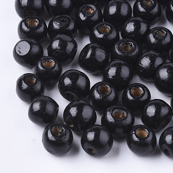 Dyed Natural Wood Beads, Round, Lead Free, Black, 16x15mm, Hole: 4mm, about 800pcs/1000g