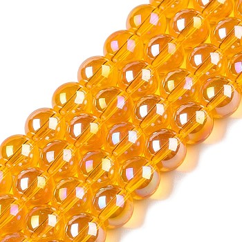 Electroplate Transparent Glass Beads Strands, AB Color Plated, Round, Gold, 8~8.5mm, Hole: 1.5mm, about 51~53pcs/strand, 14.96 inch~15.55 inch(38~39.7cm)