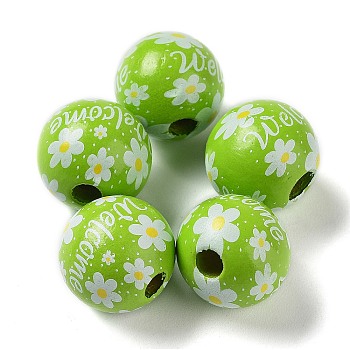 Easter Theme Printed Wood European Beads, Large Hole Beads, Round, Yellow Green, 16mm, Hole: 4.5mm