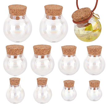Elite 10Pcs 5 Style Iridescent Glass Dome Cover, Decorative Display Case, Cloche Bell Jar Terrarium with Cork Base, Round, Clear AB, 20~40x28~48.5mm, Inner Diameter: 11~21.5mm, 2pcs/style