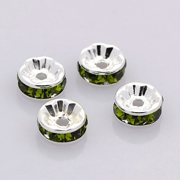 Brass Rhinestone Spacer Beads, Grade AAA, Straight Flange, Nickel Free, Silver Metal Color, Rondelle, Olivine, 5x2.5mm, Hole: 1mm