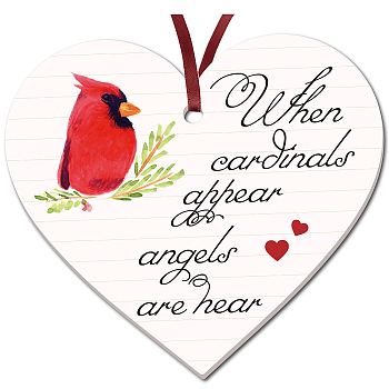 CRASPIRE 1Pc Acrylic Memorial Heart Big Pendants Decorations, with 40CM Double Face Satin Ribbon, Christmas Theme, Bird Pattern, Pendants Decorations: 76x76mm, Hole: 3mm, Ribbon: about 1/8 inch(3mm) wide