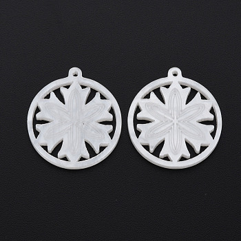 Opaque Acrylic Pendants, Imitation Shell, Flat Round with Snowflake, Creamy White, 26x23x2mm, Hole: 1.2mm