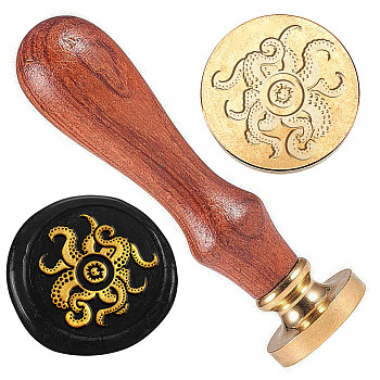 Golden Plated Brass Sealing Wax Stamp Head, with Wood Handle, for Envelopes Invitations, Gift Cards, Octopus, 83x22mm, Head: 7.5mm, Stamps: 25x14.5mm