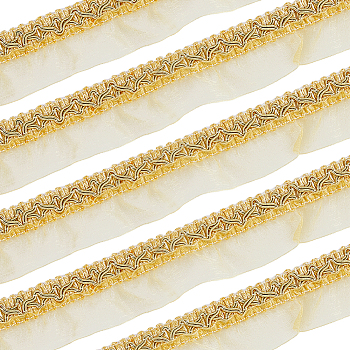 Polyester Lace Ribbon, Pleated Lace Trim, for Garment Accessories, Gold, 1-3/8 inch(36mm), about 12.58 Yards(11.5m)/Card