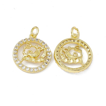 Real 18K Gold Plated Brass Micro Pave Clear Cubic Zirconia Pendants, with Jump Ring, Ring with Constellation Charm, Aquarius, 18.5x16x3mm, Hole: 3.4mm