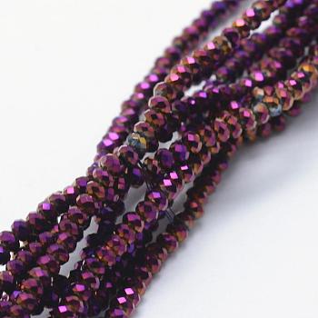 Electroplate Glass Beads Strands, Full Plated, Faceted, Rondelle, Purple Plated, 2.5x1.5mm, Hole: 0.5mm, about 197~201pcs/strand, 12.9 inch(33cm)