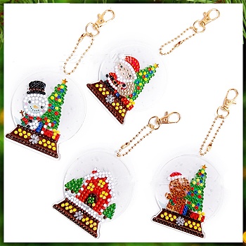Christmas Theme DIY Diamond Painting Keychain Kit, Including Acrylic Board, Keychain Clasp, Bead Chain, Resin Rhinestones Bag, Diamond Sticky Pen, Tray Plate and Glue Clay, Mixed Shapes, 100x30mm, 4pcs/set