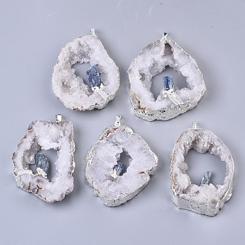 Natural Druzy Agate Big Pendants, Edge Platinum Plated, with Natural Kyanite/Cyanite/Disthene and Iron Snap on Bails, Nuggets, 37~71x29~55x9~15mm, Hole: 4x6mm