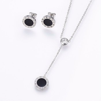 304 Stainless Steel Jewelry Sets, Stud Earrings and Pendant Necklaces, with Rhinestone and Enamel, Flat Round, Stainless Steel Color, 16.54 inch(42cm), 11x2mm, Pin: 0.8mm