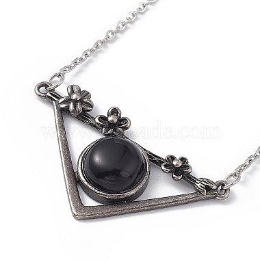 Natural Obsidian Triangle with Flower Pendant Necklace(NJEW-P274-01AS-03)-3