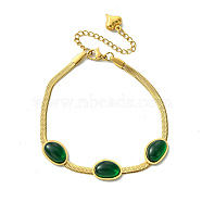 Ion Plating(IP) 304 Stainless Steel Herringbone Chain Bracelets, Green Oval Resin Link Bracelets for Women, Real 18K Gold Plated, 7-1/2 inch(18.9cm)(BJEW-R316-01G)