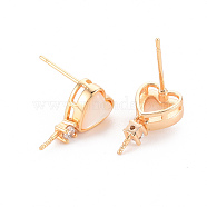 Brass Micro Pave Clear Cubic Zirconia Earring Findings, for Half Drilled Beads, with Natural Shell, Nickel Free, Heart, Real 18K Gold Plated, 15.5~16.5x8.5mm, Pin: 0.8mm, Pin: 0.8mm(for Half Drilled Beads)(KK-T062-217G-NF)