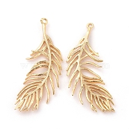Brass Pendants, Feather, Nickel Free, Real 18K Gold Plated, 36~37x15~16x1.5mm, Hole: 1.2mm(X-KK-S350-237)