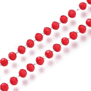 Handmade Faceted Acrylic Beaded Chains, with Spool, Soldered, Red, Stainless Steel Color, Bead: 3x3mm, about 32.8 Feet(10m)/roll(CHS-M003-16P)