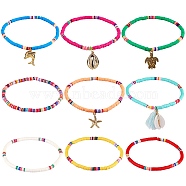 Handmade Polymer Clay Heishi Beads Anklets Sets, Natural Shell & Dolphin & Tortoise & Tassel Charm Anklets for Women, Mixed Color, Inner Diameter: 2-7/8 inch(7.3cm), 9Pcs/set(AJEW-SW00007)