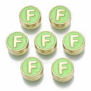 Alloy Enamel Beads, Cadmium Free & Nickel Free & Lead Free, Flat Round with Initial Letters, Light Gold, Letter.F, 8x4mm, Hole: 1.5mm(X-ENAM-S122-028F-NR)