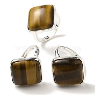 Natural Tiger Eye Adjustable Rings, with Brass Base Findings, Lead Free & Cadmium Free, Rhombus, Rhombus: 24x25mm, US Size 9 3/4(19.5mm)(RJEW-H240-01S-21)