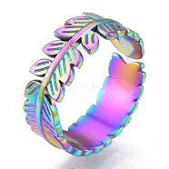 Ion Plating(IP) 304 Stainless Steel Leaf Cuff Rings, Open Rings for Women Girls, Rainbow Color, US Size 6(16.5mm)(RJEW-N038-126M)