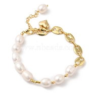 Rack Plating Brass Heart Charm Bracelet with Natural Pearl Beaded Chains, Cadmium Free & Lead Free, Real 18K Gold Plated, 7-3/8 inch(18.7cm)(BJEW-G671-01G)
